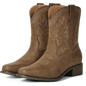 image:imageIUV Cowboy Boots for Women Square Toe Cowgirl Boots Ankle Low Chunky Heel Classic Embroidered Western BootiesKhaki