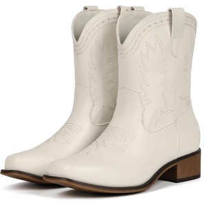 image:imageIUV Cowboy Boots for Women Square Toe Cowgirl Boots Ankle Low Chunky Heel Classic Embroidered Western BootiesWhite