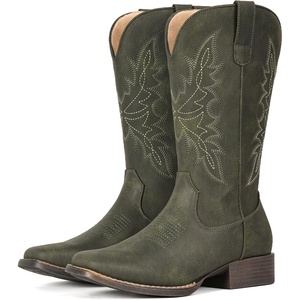 image:imageIUV Cowboy Boots for Women Square Toe Western Cowgirl Boots Mid Calf Durable Classic Fashionable Embroidered Pull On BootGreen