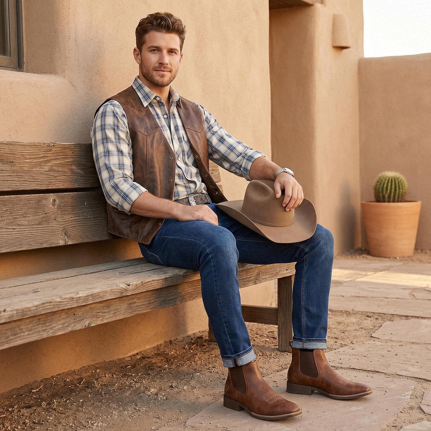 image:imageIUV Cowboy Boots For Men Square Toe Chelsea Ankle Boots Mans Casual Western BootBrown