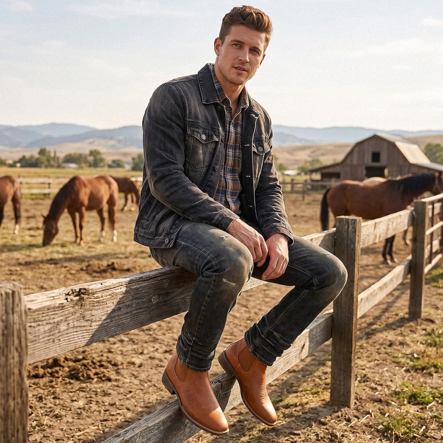 image:imageIUV Cowboy Boots For Men Square Toe Chelsea Ankle Boots Mans Casual Western BootLight Brown