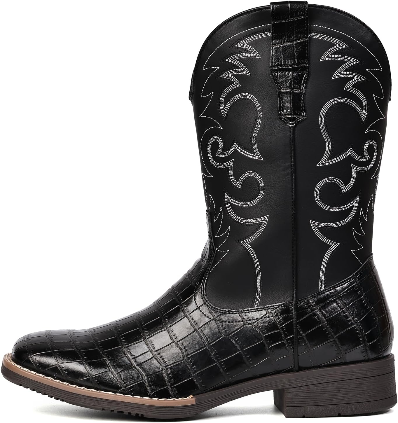 image:imageIUV Cowboy Boots For Men Western Caiman Tail Print Wide Fashionable Embroidered Pull On Slip Resistant BootsBlack