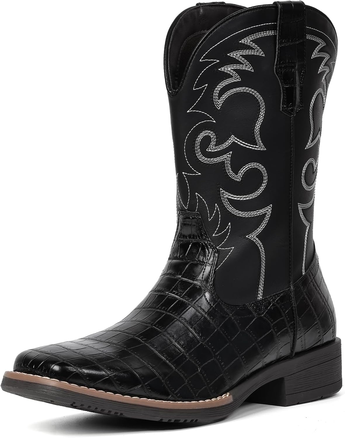 image:imageIUV Cowboy Boots For Men Western Caiman Tail Print Wide Fashionable Embroidered Pull On Slip Resistant BootsBlack