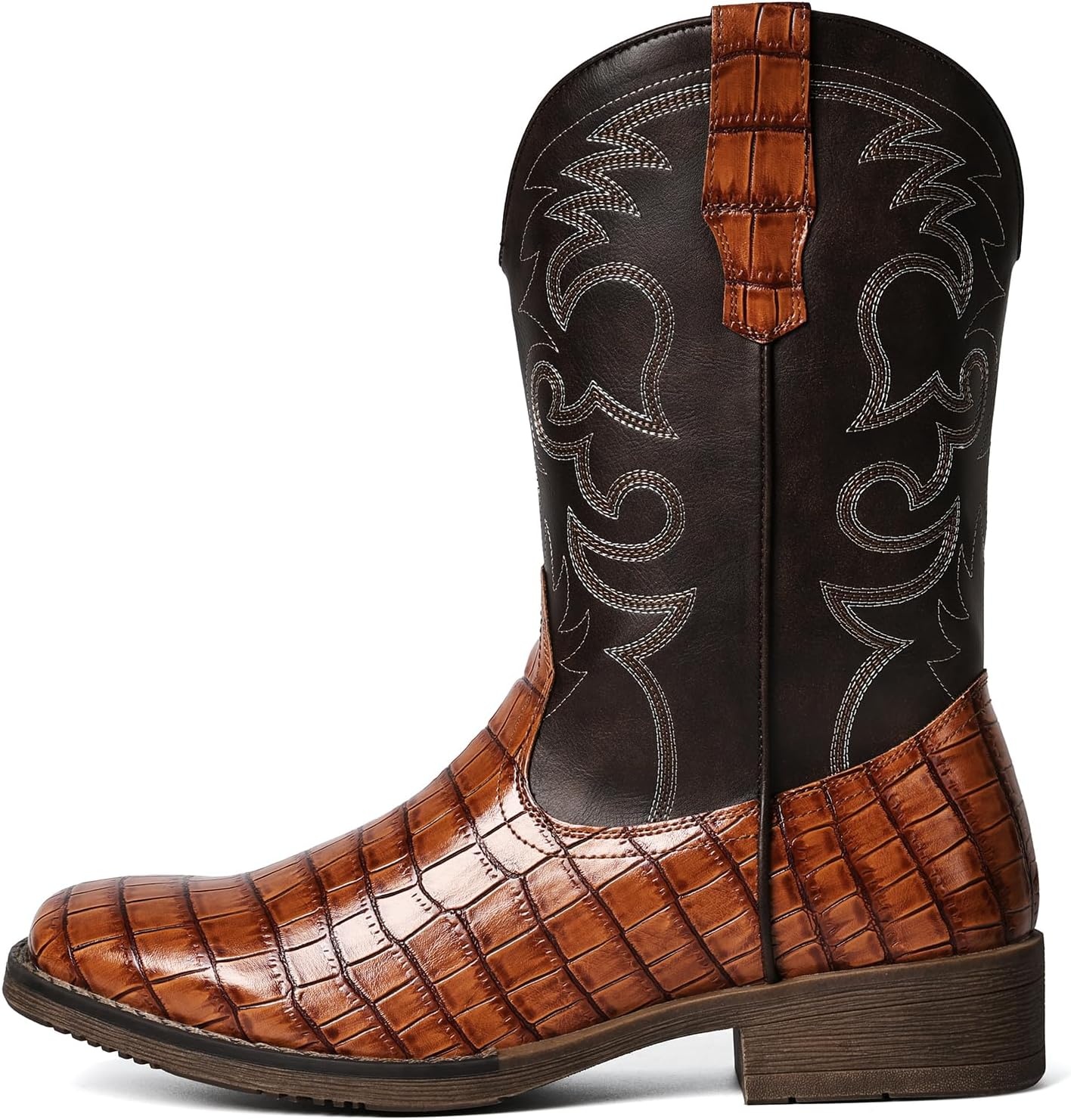 image:imageIUV Cowboy Boots For Men Western Caiman Tail Print Wide Fashionable Embroidered Pull On Slip Resistant BootsBrown