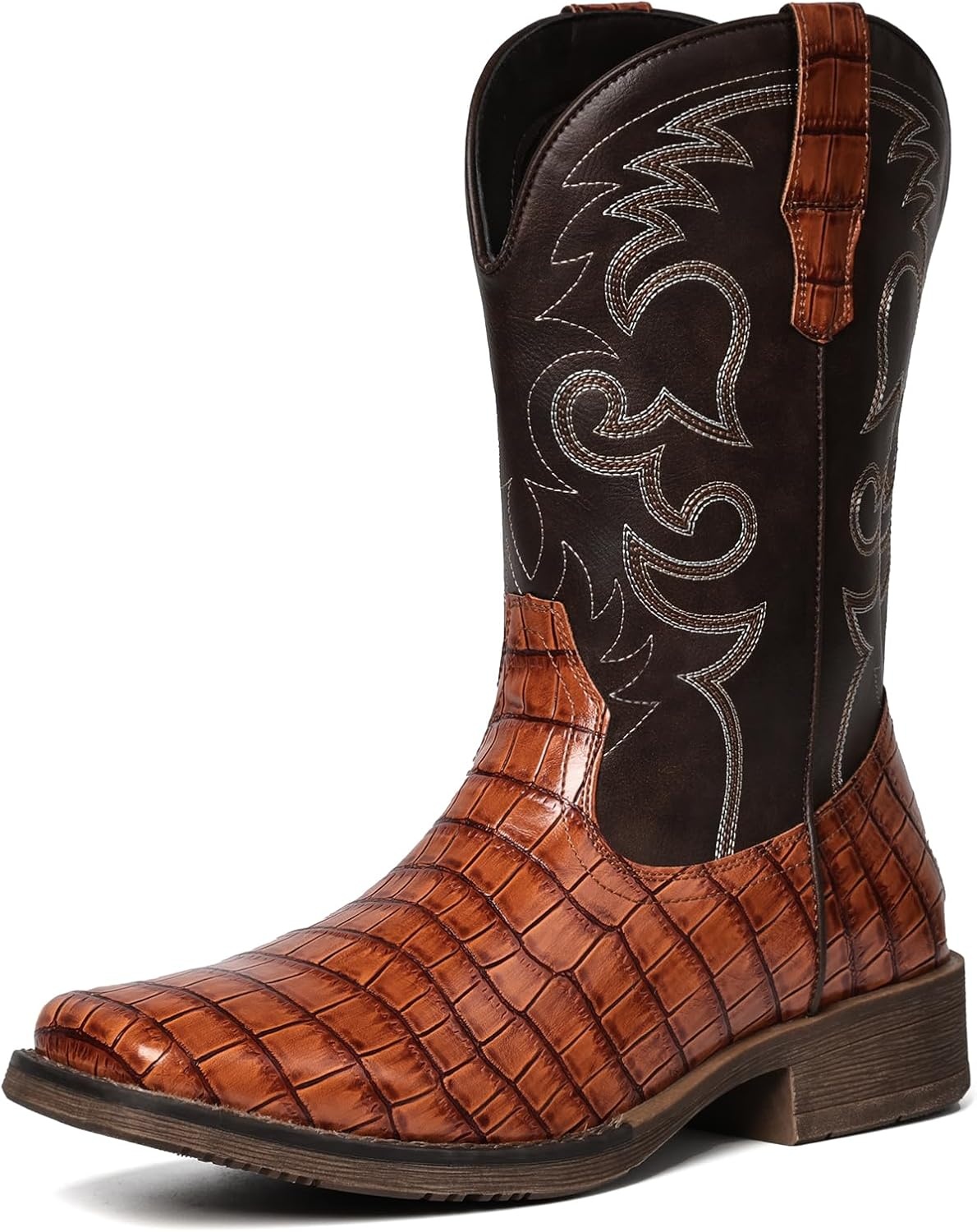 image:imageIUV Cowboy Boots For Men Western Caiman Tail Print Wide Fashionable Embroidered Pull On Slip Resistant BootsBrown