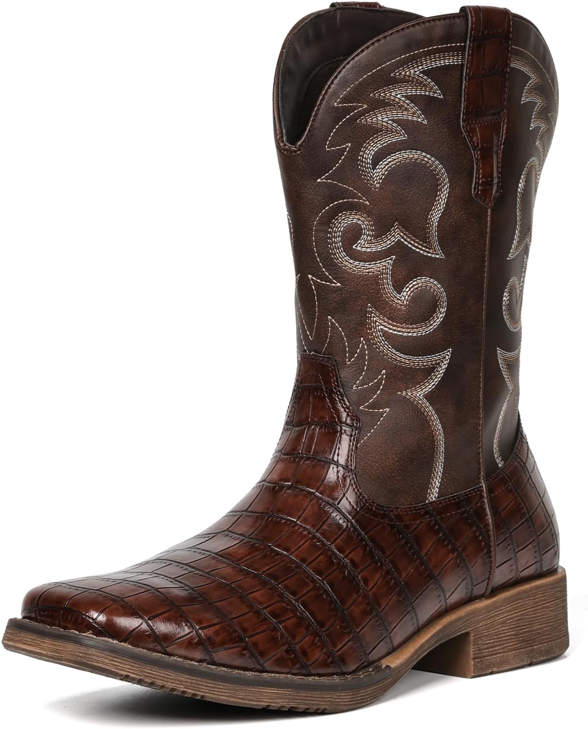 image:imageIUV Cowboy Boots For Men Western Caiman Tail Print Wide Fashionable Embroidered Pull On Slip Resistant BootsDark Brown