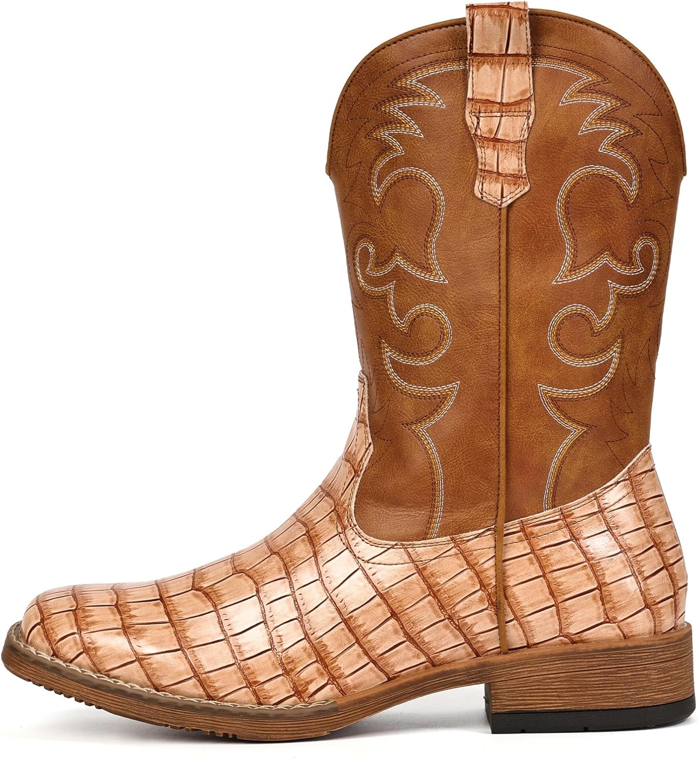 image:imageIUV Cowboy Boots For Men Western Caiman Tail Print Wide Fashionable Embroidered Pull On Slip Resistant BootsLight Brown