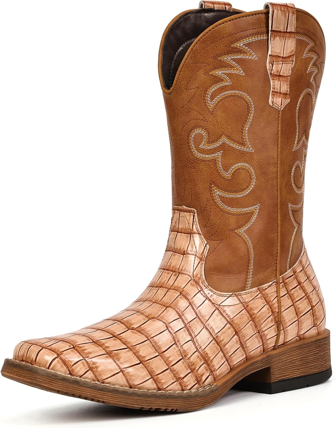 image:imageIUV Cowboy Boots For Men Western Caiman Tail Print Wide Fashionable Embroidered Pull On Slip Resistant BootsLight Brown