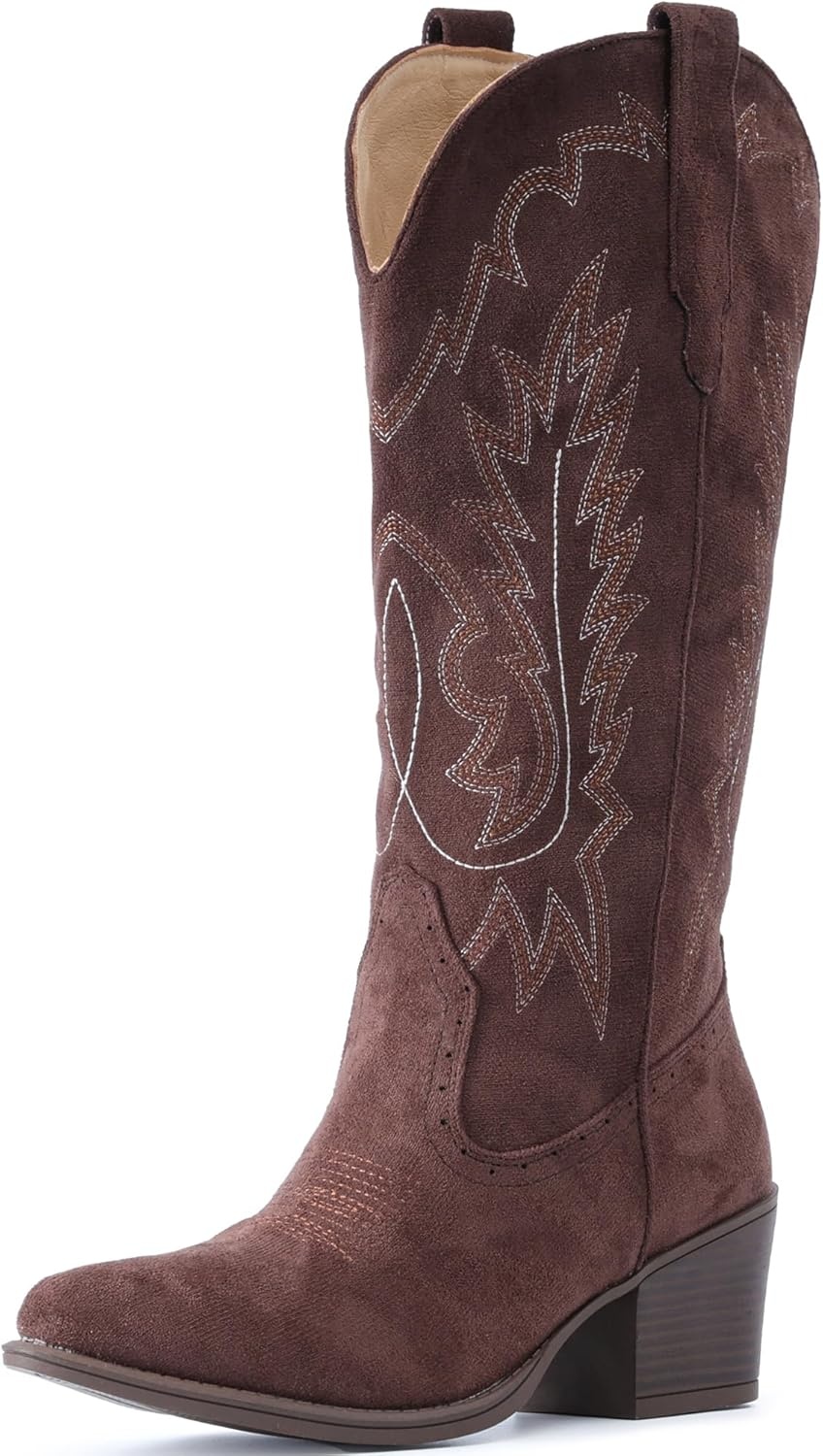 image:imageIUV Suede Cowboy Boots For Women Chunky Heel Pointed Toe Cowgirl Boots Mid Calf Western Embroidery fall Boot