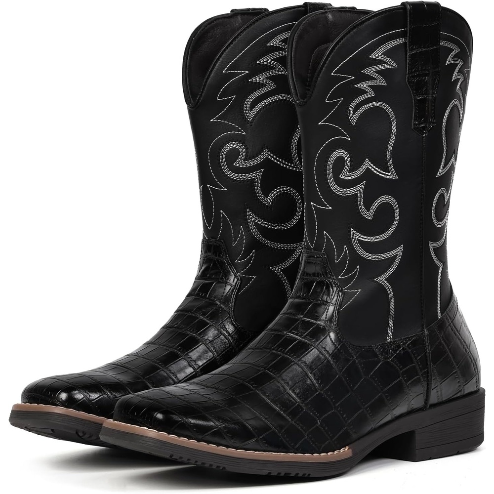 image:imageIUV Cowboy Boots For Men Western Caiman Tail Print Wide Fashionable Embroidered Pull On Slip Resistant BootsBlack