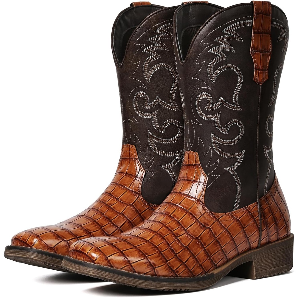 image:imageIUV Cowboy Boots For Men Western Caiman Tail Print Wide Fashionable Embroidered Pull On Slip Resistant BootsBrown