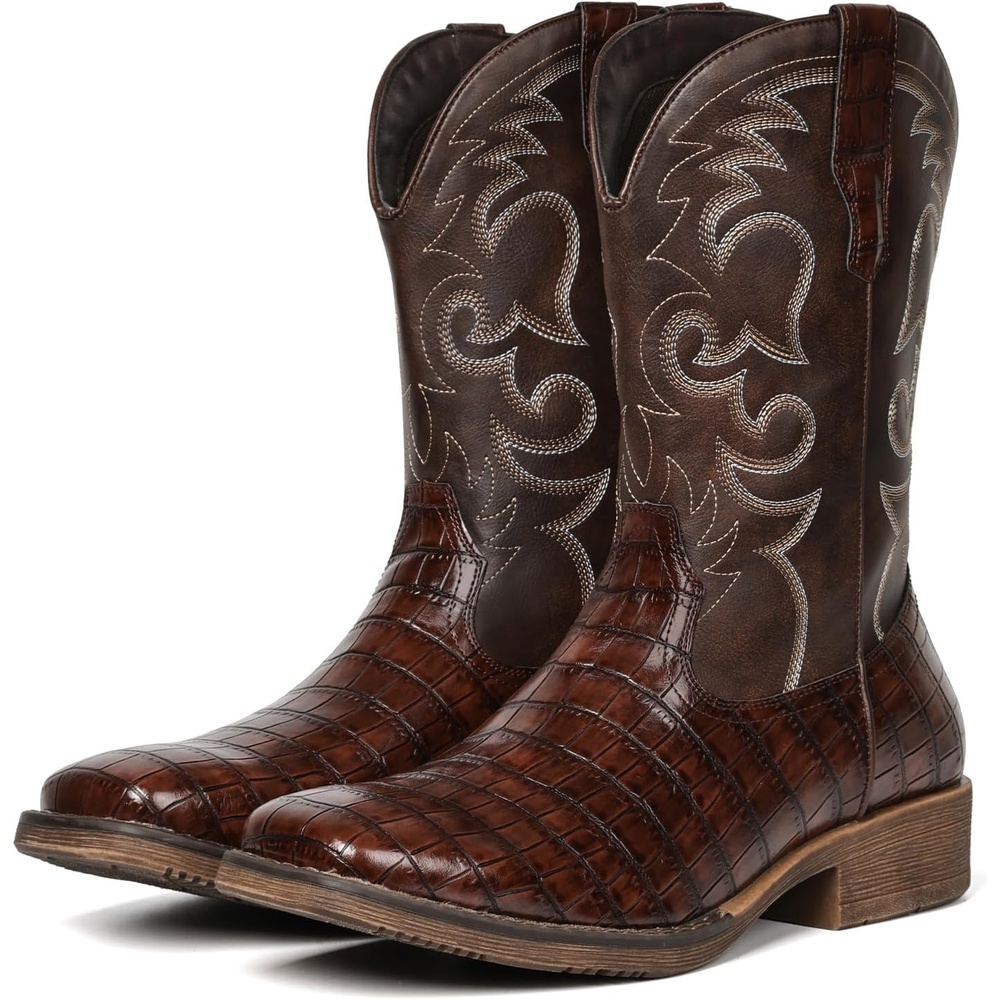 image:imageIUV Cowboy Boots For Men Western Caiman Tail Print Wide Fashionable Embroidered Pull On Slip Resistant BootsDark Brown
