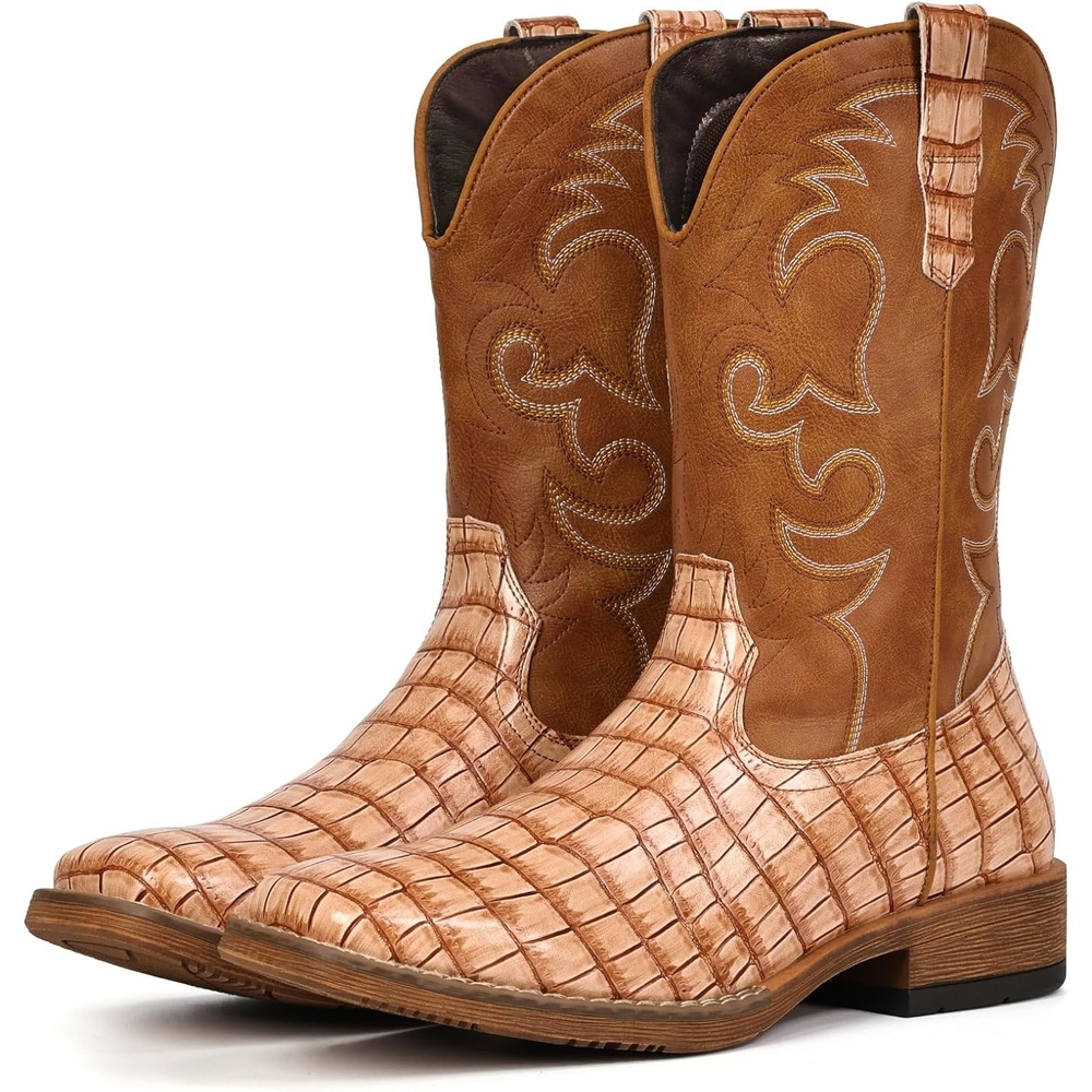 image:imageIUV Cowboy Boots For Men Western Caiman Tail Print Wide Fashionable Embroidered Pull On Slip Resistant BootsLight Brown