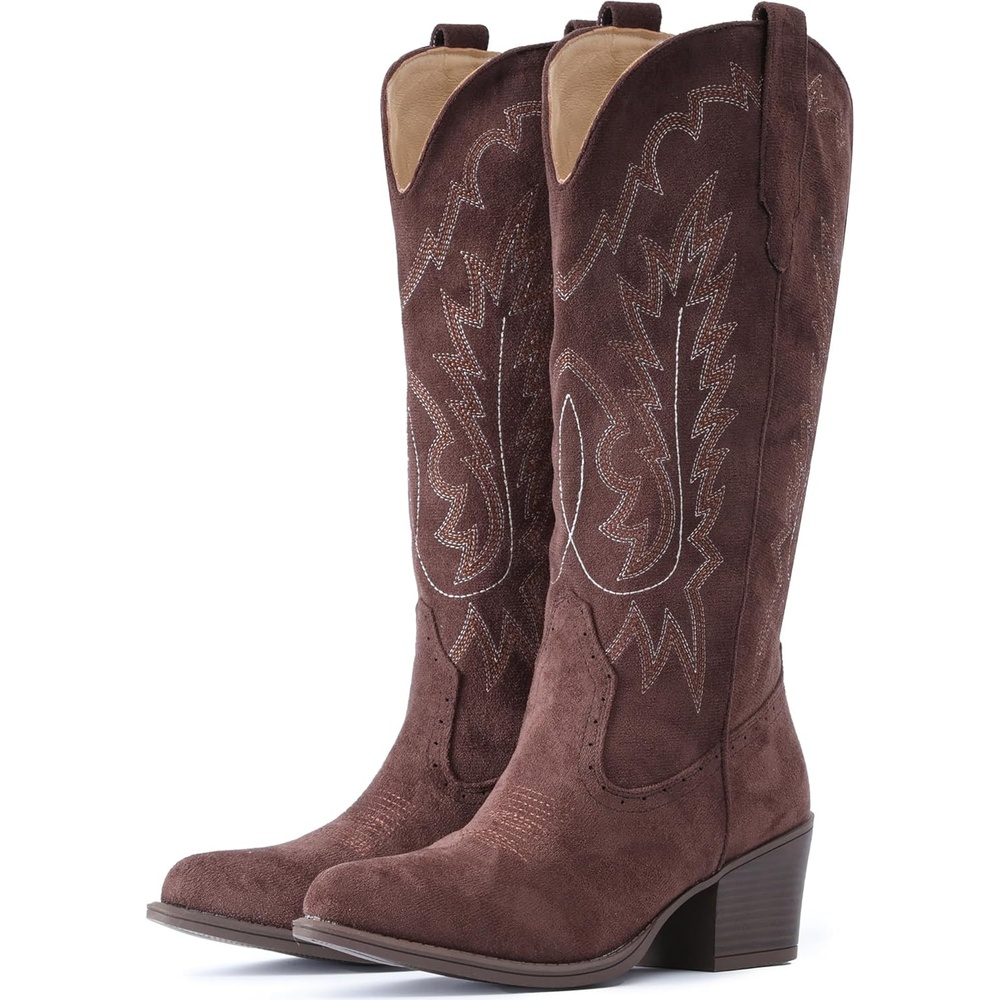 image:imageIUV Suede Cowboy Boots For Women Chunky Heel Pointed Toe Cowgirl Boots Mid Calf Western Embroidery fall Boot