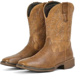 image:imageIUV Cowboy Boots for Men Square Toe Chunky Heel Western Boots with Retro Classic Embroidered Pull on Mid Calf Slip Resistant Casual ShoesBrown