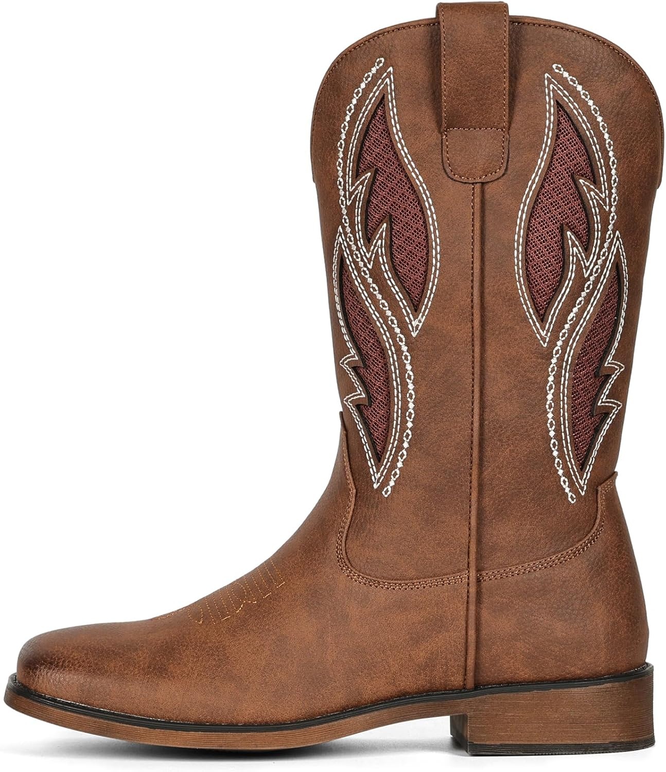 image:imageIUV Cowboy Boots for Women Cowgirl Square Toe Mid Calf Pull On Stylish Hollowed Out Embroidered Design Breathable Durable Slip Resistant Country bootsBrown