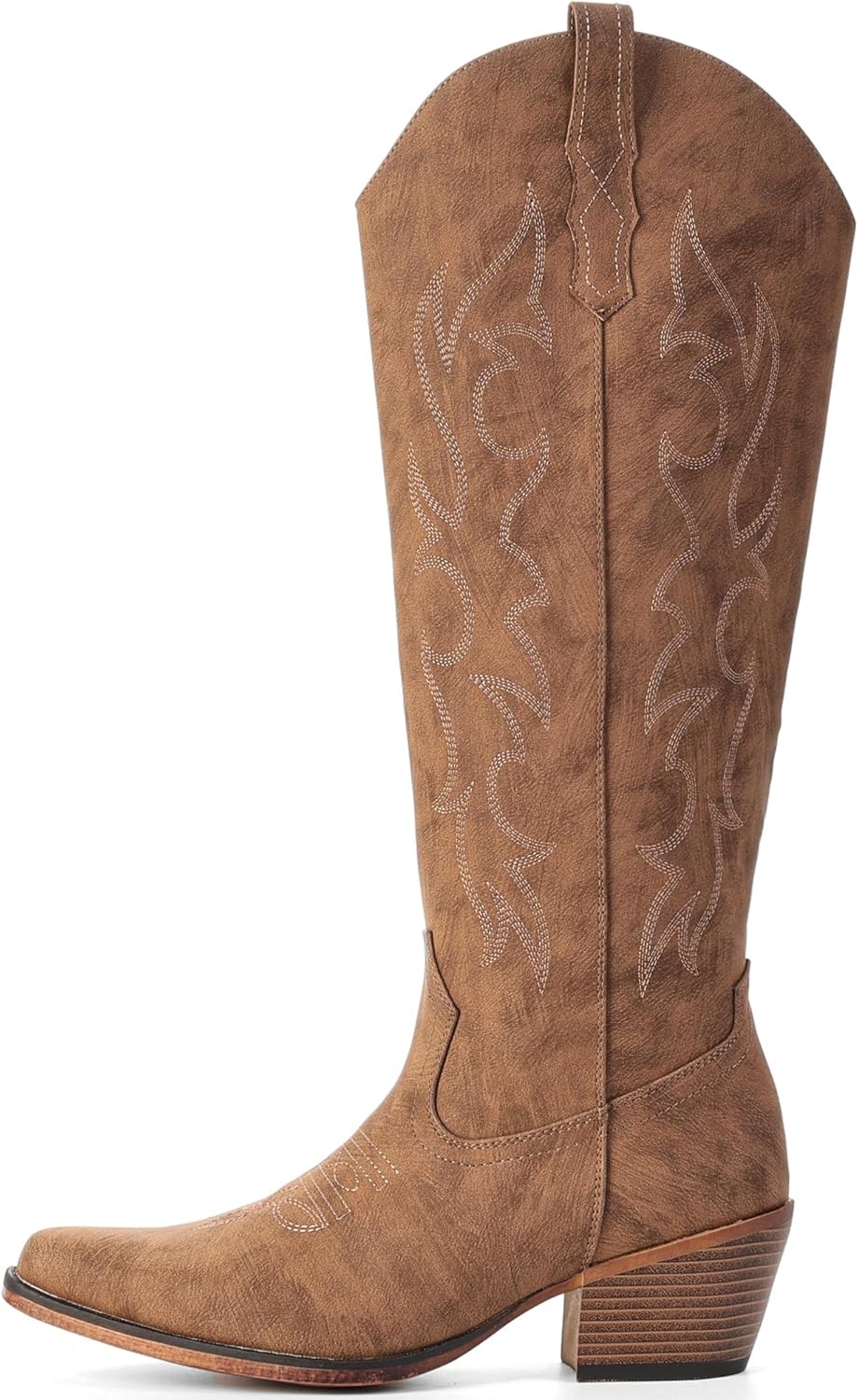 image:imageIUV Knee High Cowboy Boots for WomenPlus Size Wide Calf Embroidered Cowgirl Boots Pointed Toe Chunky Heel Slip On Retro Western Tall Boots for Party amp ConcertRedBrown