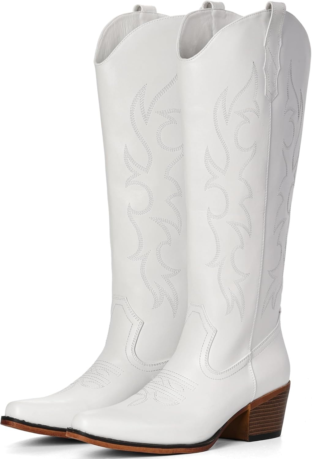 image:imageIUV Knee High Cowboy Boots for WomenPlus Size Wide Calf Embroidered Cowgirl Boots Pointed Toe Chunky Heel Slip On Retro Western Tall Boots for Party amp ConcertWhite