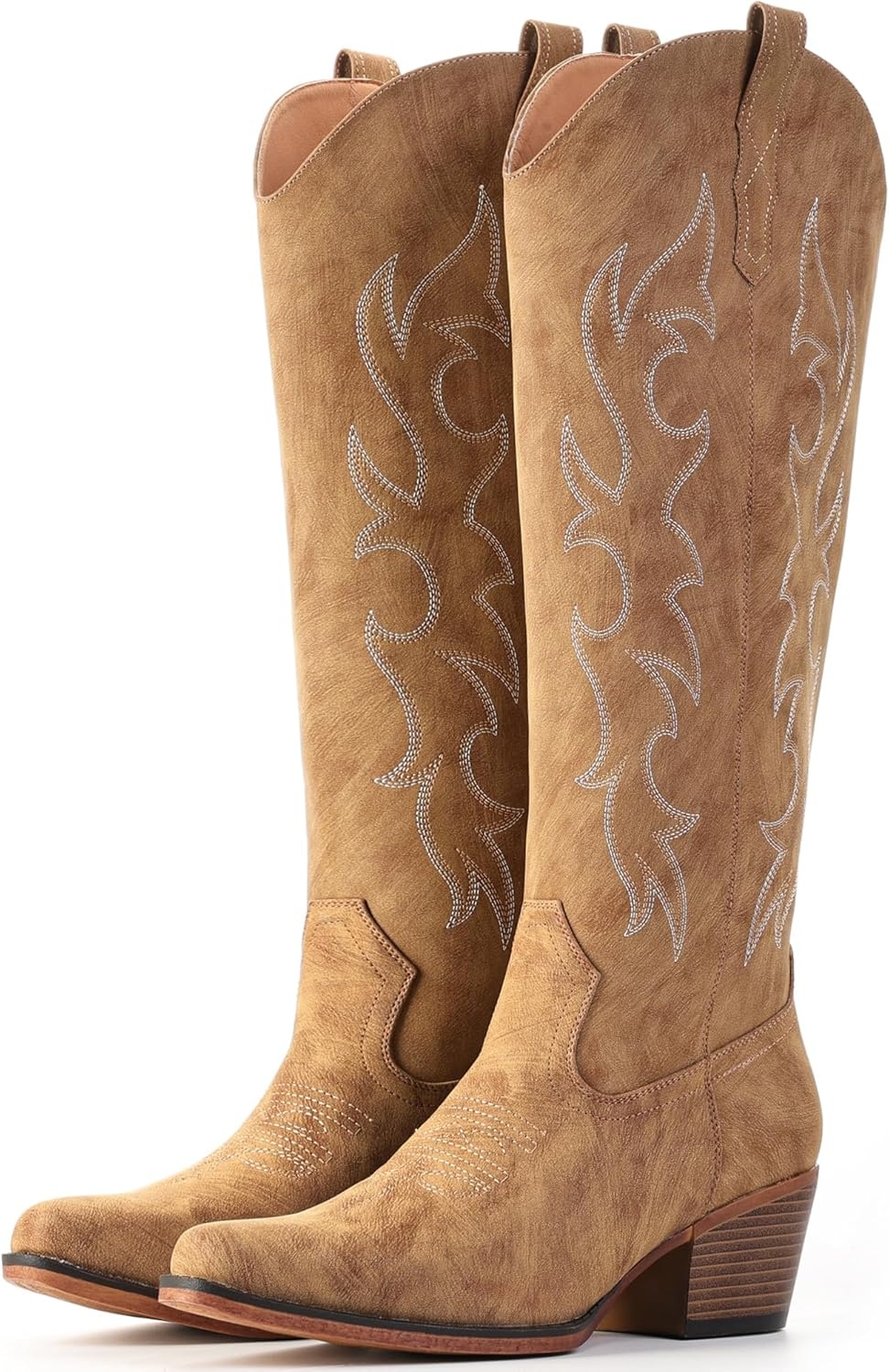 image:imageIUV Knee High Cowboy Boots for WomenPlus Size Wide Calf Embroidered Cowgirl Boots Pointed Toe Chunky Heel Slip On Retro Western Tall Boots for Party amp ConcertCamel