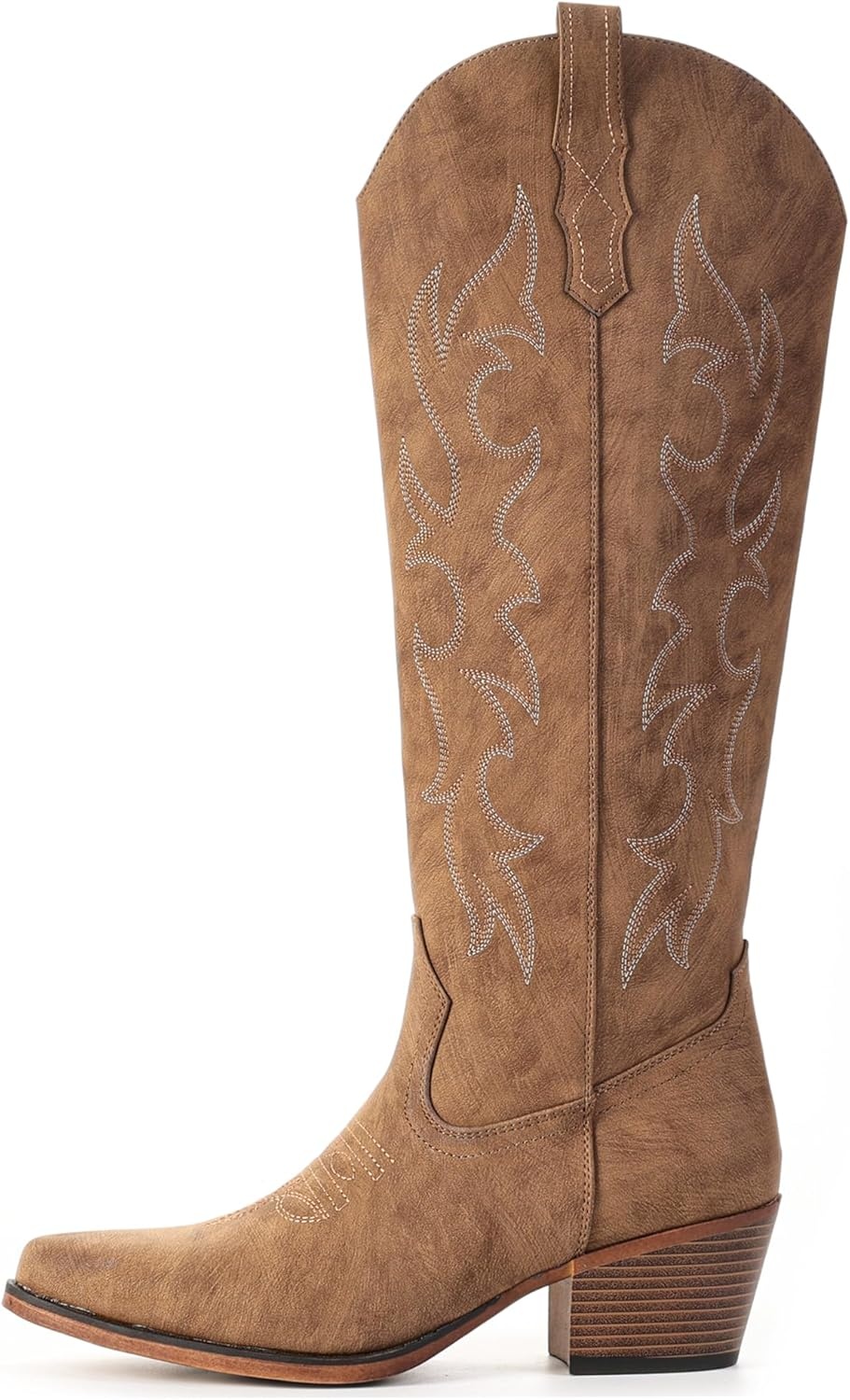 image:imageIUV Knee High Cowboy Boots for WomenPlus Size Wide Calf Embroidered Cowgirl Boots Pointed Toe Chunky Heel Slip On Retro Western Tall Boots for Party amp ConcertBrown