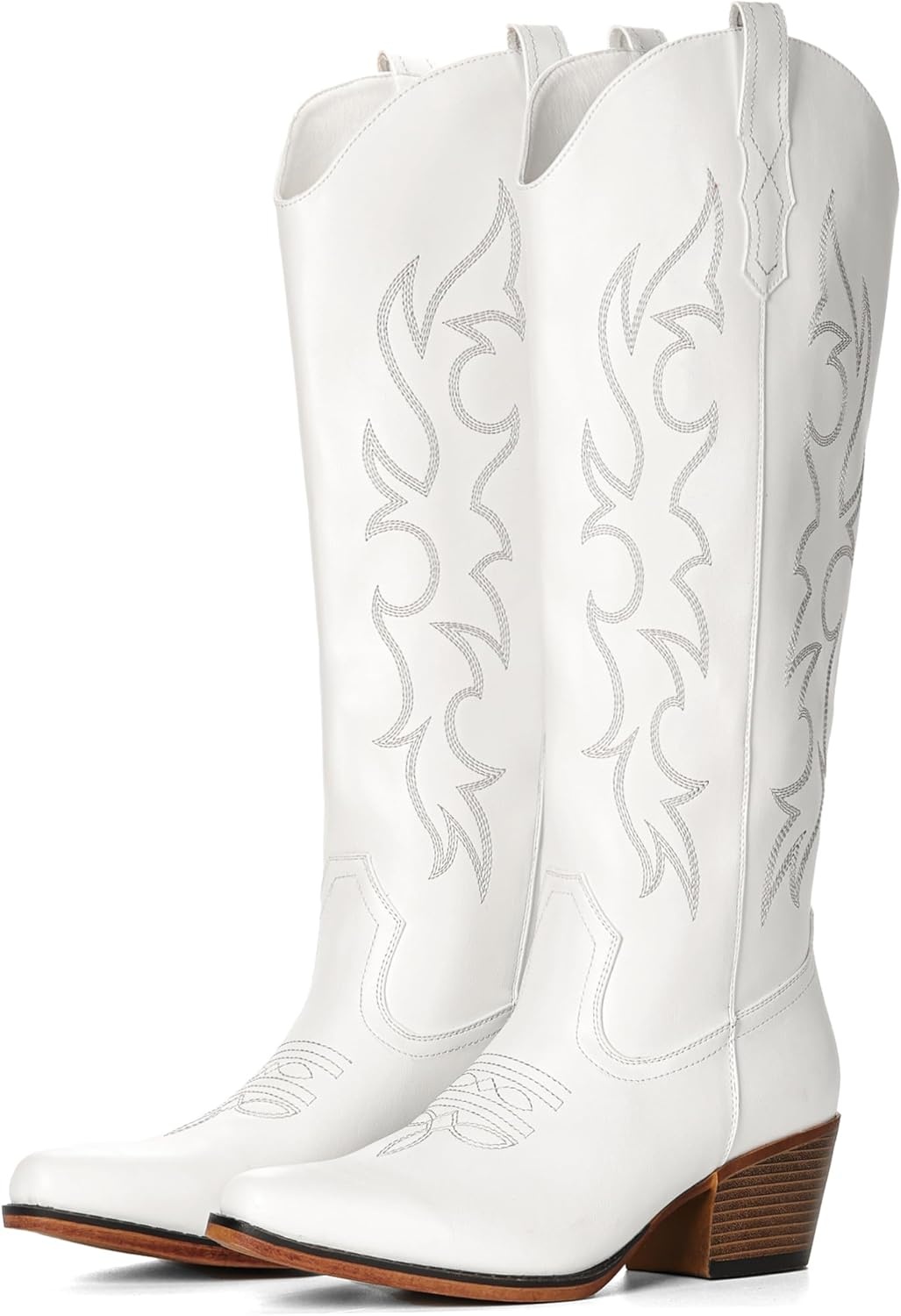 image:imageIUV Knee High Cowboy Boots for WomenPlus Size Wide Calf Embroidered Cowgirl Boots Pointed Toe Chunky Heel Slip On Retro Western Tall Boots for Party amp ConcertAll White