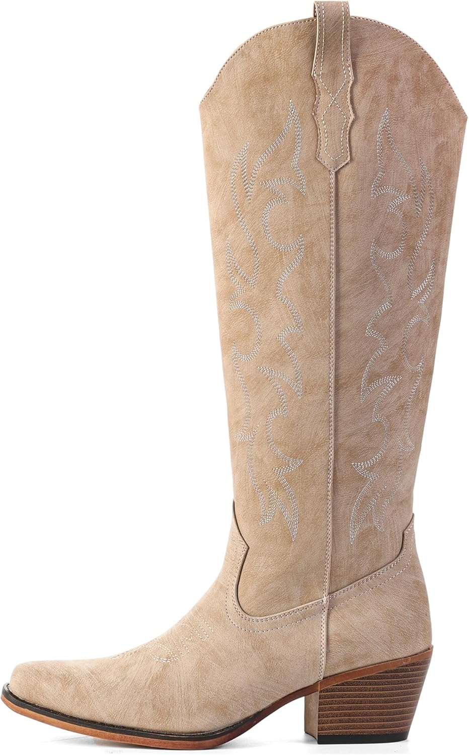 image:imageIUV Knee High Cowboy Boots for WomenPlus Size Wide Calf Embroidered Cowgirl Boots Pointed Toe Chunky Heel Slip On Retro Western Tall Boots for Party amp ConcertBeige