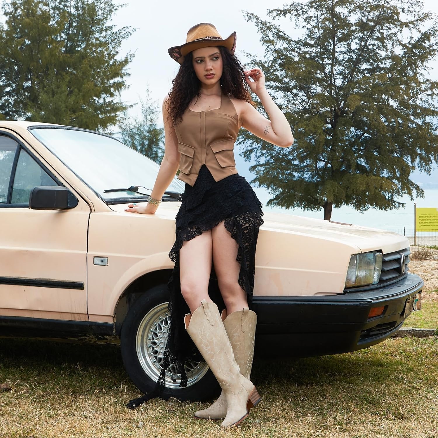 image:imageIUV Knee High Cowboy Boots for WomenPlus Size Wide Calf Embroidered Cowgirl Boots Pointed Toe Chunky Heel Slip On Retro Western Tall Boots for Party amp ConcertBeige