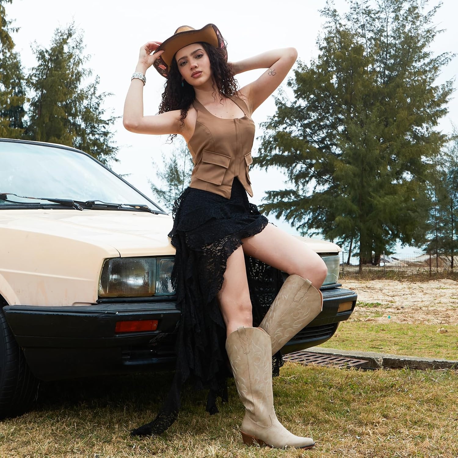 image:imageIUV Knee High Cowboy Boots for WomenPlus Size Wide Calf Embroidered Cowgirl Boots Pointed Toe Chunky Heel Slip On Retro Western Tall Boots for Party amp ConcertBeige