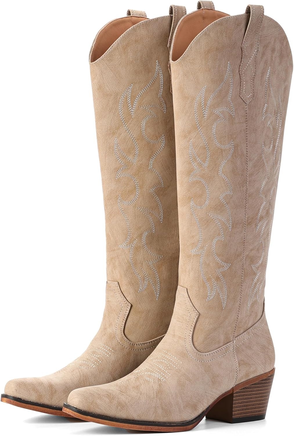 image:imageIUV Knee High Cowboy Boots for WomenPlus Size Wide Calf Embroidered Cowgirl Boots Pointed Toe Chunky Heel Slip On Retro Western Tall Boots for Party amp ConcertBeige
