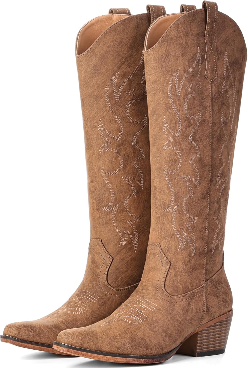 image:imageIUV Knee High Cowboy Boots for WomenPlus Size Wide Calf Embroidered Cowgirl Boots Pointed Toe Chunky Heel Slip On Retro Western Tall Boots for Party amp ConcertRedBrown