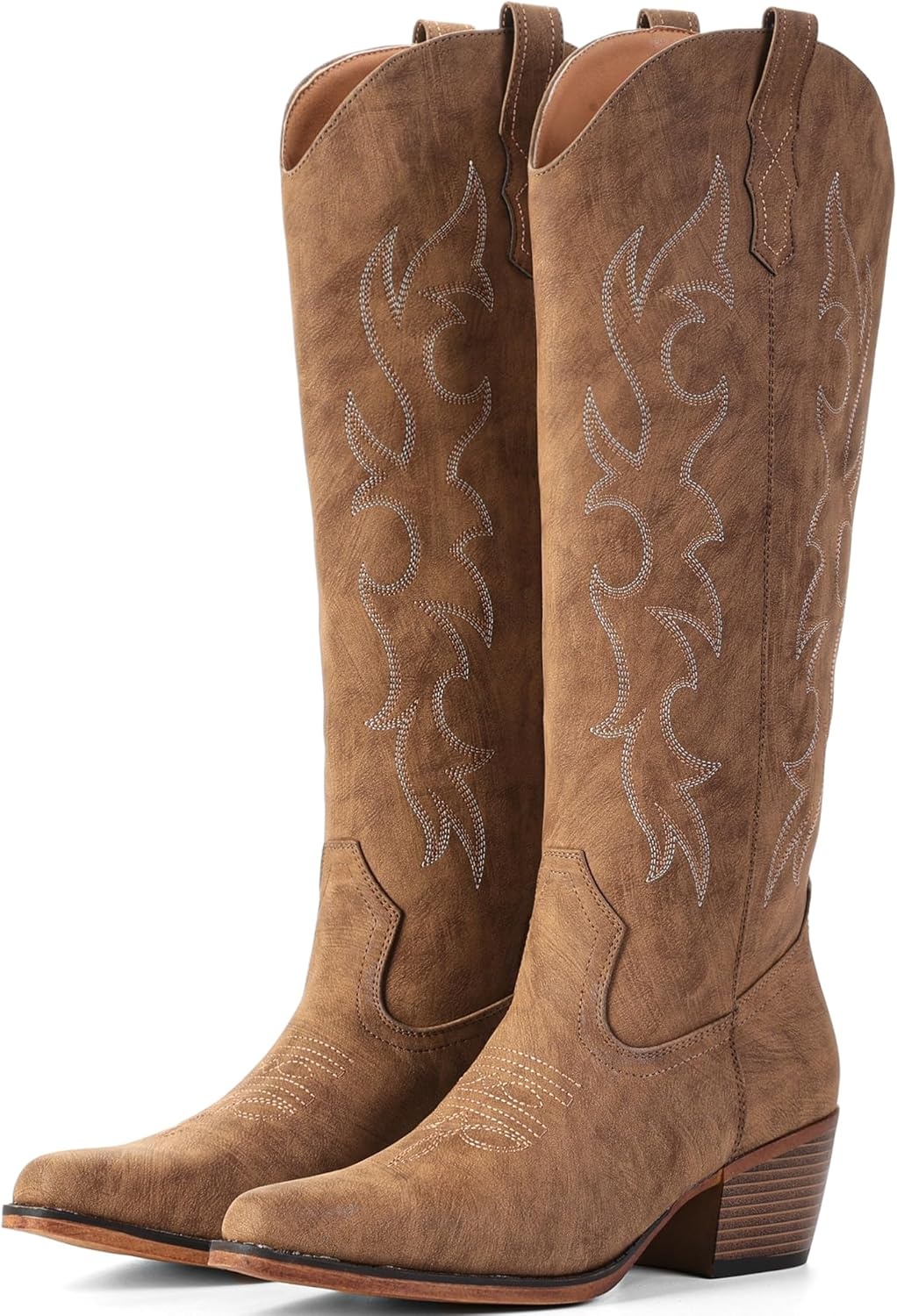 image:imageIUV Knee High Cowboy Boots for WomenPlus Size Wide Calf Embroidered Cowgirl Boots Pointed Toe Chunky Heel Slip On Retro Western Tall Boots for Party amp ConcertBrown