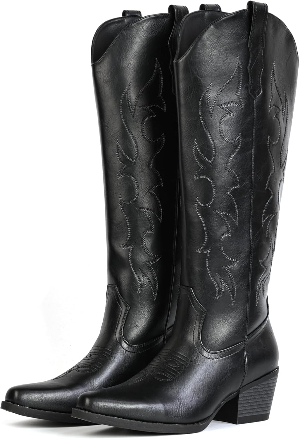 image:imageIUV Knee High Cowboy Boots for WomenPlus Size Wide Calf Embroidered Cowgirl Boots Pointed Toe Chunky Heel Slip On Retro Western Tall Boots for Party amp ConcertBlack