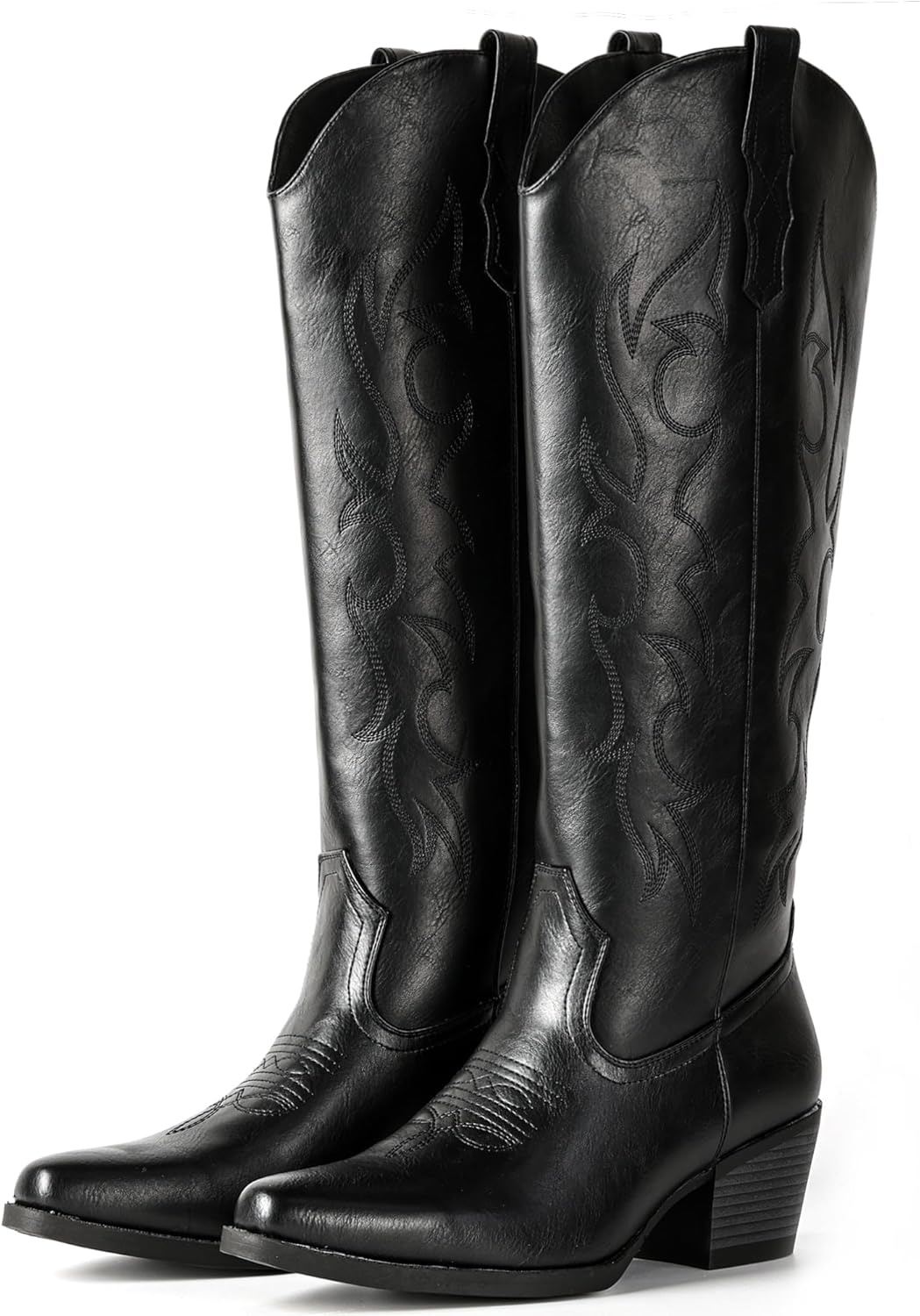 image:imageIUV Knee High Cowboy Boots for WomenPlus Size Wide Calf Embroidered Cowgirl Boots Pointed Toe Chunky Heel Slip On Retro Western Tall Boots for Party amp ConcertAll Black