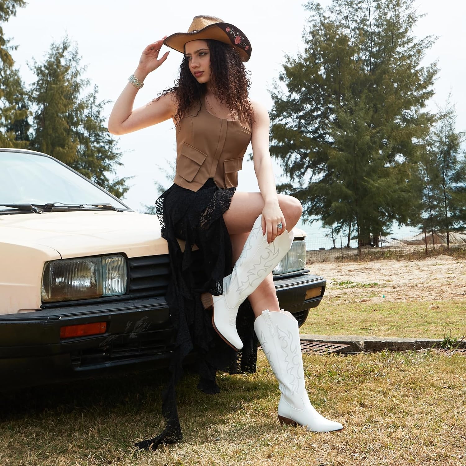 image:imageIUV Knee High Cowboy Boots for WomenPlus Size Wide Calf Embroidered Cowgirl Boots Pointed Toe Chunky Heel Slip On Retro Western Tall Boots for Party amp ConcertAll White