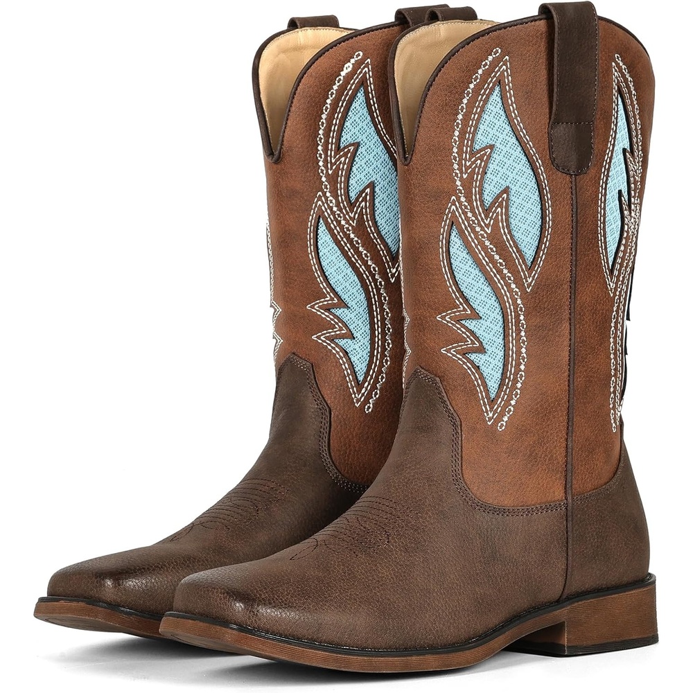 image:imageIUV Cowboy Boots for Women Cowgirl Square Toe Mid Calf Pull On Stylish Hollowed Out Embroidered Design Breathable Durable Slip Resistant Country bootsDark Brown