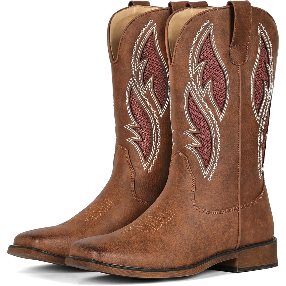 image:imageIUV Cowboy Boots for Women Cowgirl Square Toe Mid Calf Pull On Stylish Hollowed Out Embroidered Design Breathable Durable Slip Resistant Country bootsBrown