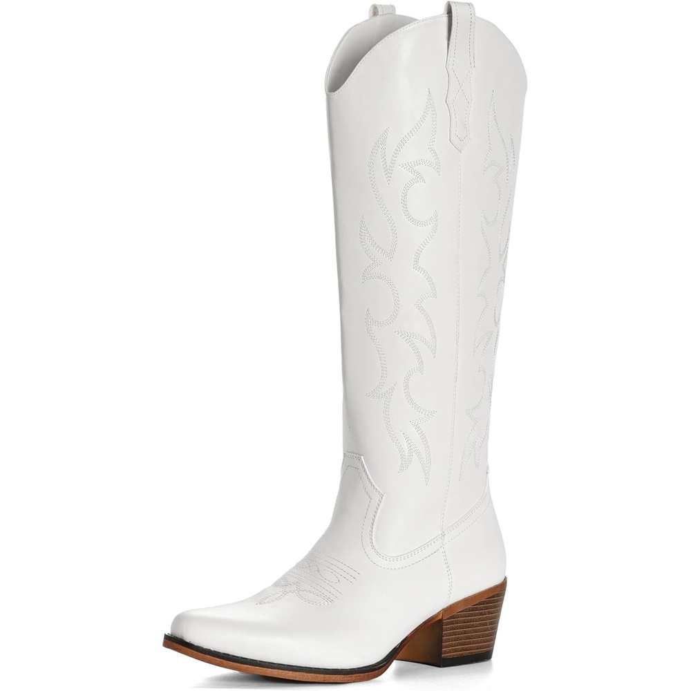 image:imageIUV Knee High Cowboy Boots for WomenPlus Size Wide Calf Embroidered Cowgirl Boots Pointed Toe Chunky Heel Slip On Retro Western Tall Boots for Party amp ConcertWhite