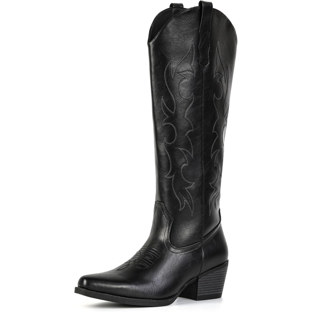 image:imageIUV Knee High Cowboy Boots for WomenPlus Size Wide Calf Embroidered Cowgirl Boots Pointed Toe Chunky Heel Slip On Retro Western Tall Boots for Party amp ConcertBlack