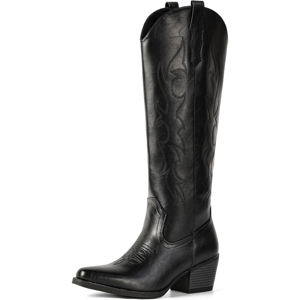 image:imageIUV Knee High Cowboy Boots for WomenPlus Size Wide Calf Embroidered Cowgirl Boots Pointed Toe Chunky Heel Slip On Retro Western Tall Boots for Party amp ConcertAll Black