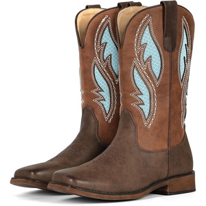 image:imageIUV Cowboy Boots for Women Cowgirl Square Toe Mid Calf Pull On Stylish Hollowed Out Embroidered Design Breathable Durable Slip Resistant Country bootsDark Brown