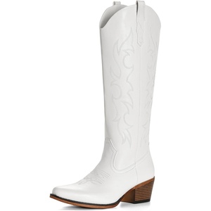 image:imageIUV Knee High Cowboy Boots for WomenPlus Size Wide Calf Embroidered Cowgirl Boots Pointed Toe Chunky Heel Slip On Retro Western Tall Boots for Party amp ConcertWhite