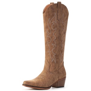 image:imageIUV Knee High Cowboy Boots for WomenPlus Size Wide Calf Embroidered Cowgirl Boots Pointed Toe Chunky Heel Slip On Retro Western Tall Boots for Party amp ConcertBrown