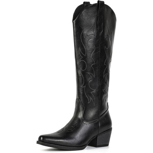 image:imageIUV Knee High Cowboy Boots for WomenPlus Size Wide Calf Embroidered Cowgirl Boots Pointed Toe Chunky Heel Slip On Retro Western Tall Boots for Party amp ConcertBlack