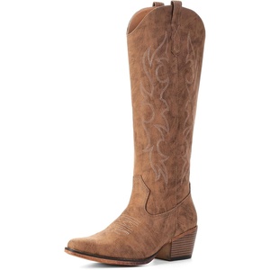 image:imageIUV Knee High Cowboy Boots for WomenPlus Size Wide Calf Embroidered Cowgirl Boots Pointed Toe Chunky Heel Slip On Retro Western Tall Boots for Party amp ConcertRedBrown
