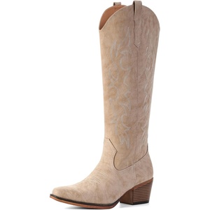 image:imageIUV Knee High Cowboy Boots for WomenPlus Size Wide Calf Embroidered Cowgirl Boots Pointed Toe Chunky Heel Slip On Retro Western Tall Boots for Party amp ConcertBeige