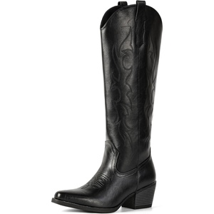 image:imageIUV Knee High Cowboy Boots for WomenPlus Size Wide Calf Embroidered Cowgirl Boots Pointed Toe Chunky Heel Slip On Retro Western Tall Boots for Party amp ConcertAll Black