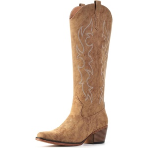 image:imageIUV Knee High Cowboy Boots for WomenPlus Size Wide Calf Embroidered Cowgirl Boots Pointed Toe Chunky Heel Slip On Retro Western Tall Boots for Party amp ConcertCamel