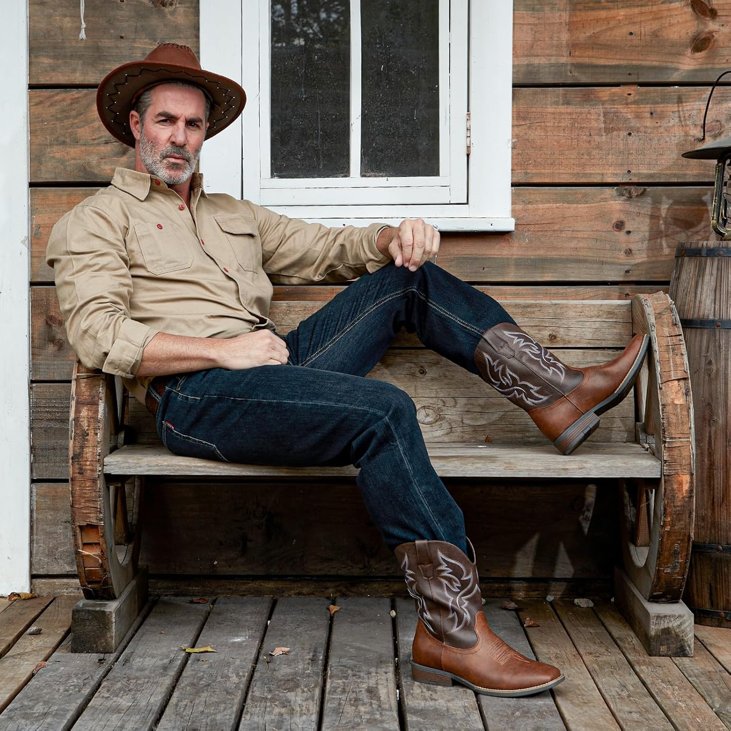 image:imageIUV Cowboy Boots For Men Wide Square ToeSlipResistant Western Boots with Embroidered Detail Easy PullOn DesignBrown