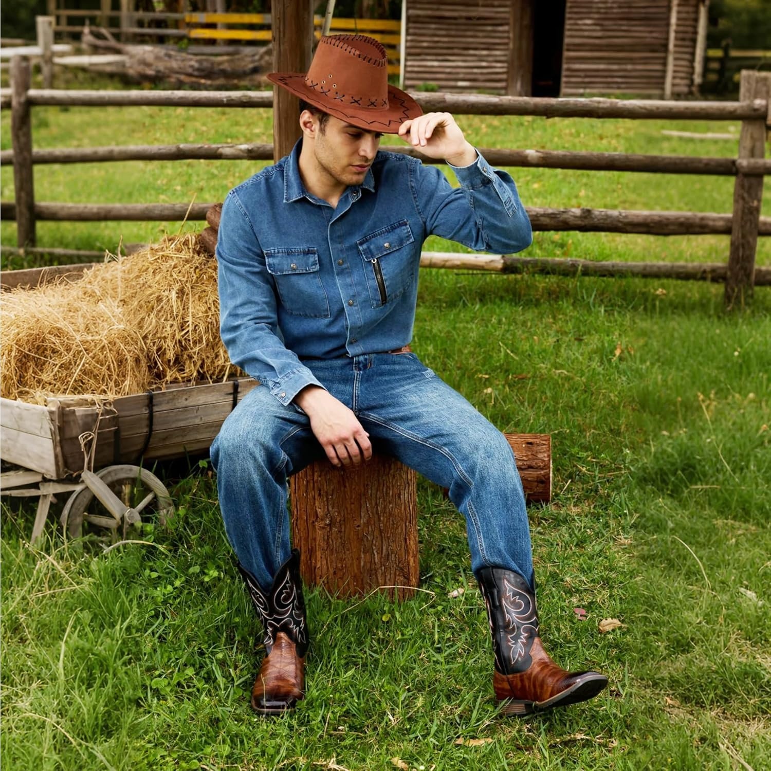 image:imageIUV Cowboy Boots Men Square Toe Western Boots Durable Classic Embroidered boot Pull On Slip Resistant Boot