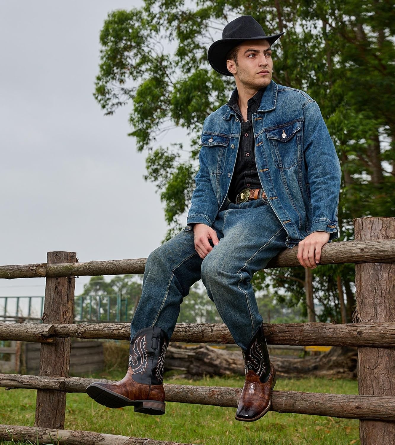image:imageIUV Cowboy Boots Men Square Toe Western Boots Pull On Durable Classic Embroidered bootBlack